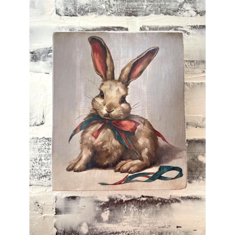 Vintage Rabbit Decoupaged Shelf Sitter 6x5 Easter Spring